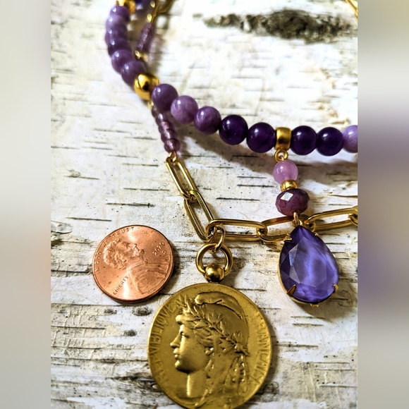 Natural Purple Jade & Amethyst Two Strand Bead In Paperclip Chain Necklace - Picture 8 of 10